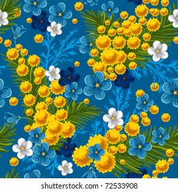 Beautiful seamless pattern with forget-me-not and mimosas on blue background, vector illustration