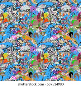Beautiful seamless pattern with forget-me-not on blue background, vector illustration