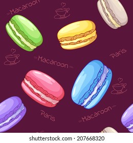 Beautiful seamless pattern with French dessert macaroons. Vector