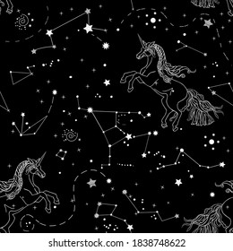 Beautiful seamless pattern with galaxy and white contour unicorns on black background. Endless texture of cosmos, constellations for your design. Vector illustration in white, grey and black colors