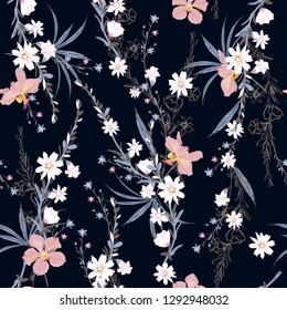 Beautiful  seamless pattern of garden many kind of botanical plants,flowers,orchid ,floral design for fashion,fabric,wallpaper,web and all prints on navy blue  background color