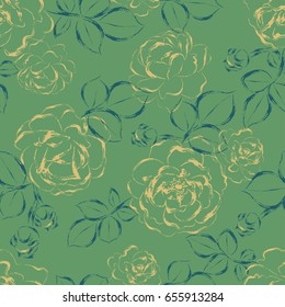 beautiful seamless pattern with garden roses. Hand-drawn contour lines and strokes. Sketch engraving style