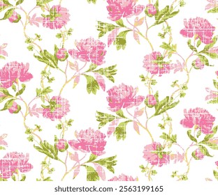 Beautiful seamless pattern with gentle hand drawn peony flowers. Floral stock illustration on white background. summer pink Flowers. Vector floral illustrations of buds, leaves,