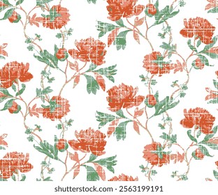 Beautiful seamless pattern with gentle hand drawn peony flowers. Floral stock illustration on white background. summer orange Flowers. Vector floral illustrations of buds, leaves,