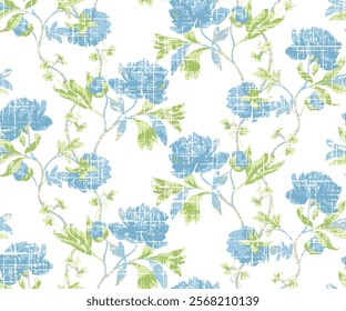 Beautiful seamless pattern with gentle hand drawn peony flowers. Floral stock illustration on white background. summer blue Flowers. Vector floral illustrations of buds, leaves,
