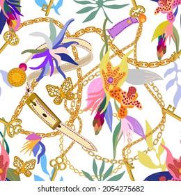 Beautiful seamless pattern with golden chains, leather straps and tropical flowers on white background.