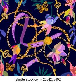 Beautiful seamless pattern with golden chains, leather straps and tropical flowers on black background.