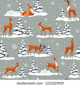 Beautiful seamless pattern with gorgeous cartoon deers. Winter background for Christmas or New Year design. Vector illustration