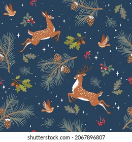 Beautiful seamless pattern with gorgeous cartoon deers. Winter background for Christmas or New Year design. Vector illustration