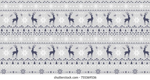 Beautiful Seamless Pattern With Gorgeous Deer And Snowflake. Winter Background For Christmas Or New Year Design. Vector Illustration. Nordic Seamless Pattern