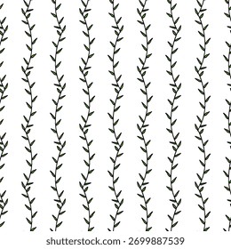Beautiful seamless pattern with green branches on white background. Vector image.