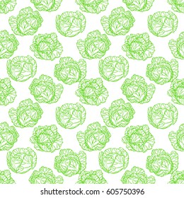 beautiful seamless pattern of green cabbage on a white background. hand-drawn illustration