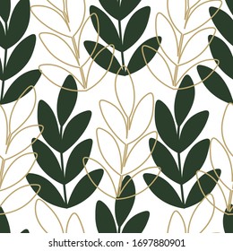 Beautiful seamless pattern with green and gold leaves vector