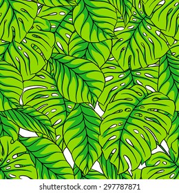 Beautiful seamless pattern with green palm leaves. hand-drawn illustration