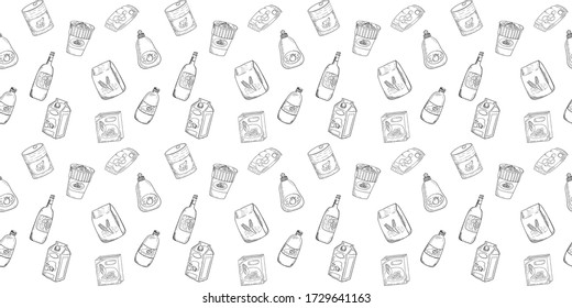 beautiful seamless pattern of grocery items; instant noodle cup, corn flake box, can food, wine bottle, snack, ect. freehand sketch drawing style in black and white color.