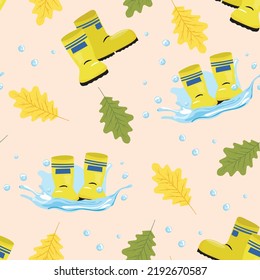 Beautiful seamless pattern with gumboots and leaves. 