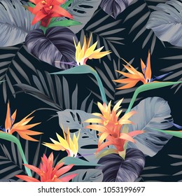 Beautiful seamless pattern with guzmania flowersand palm leaves on black background. Vector set of blooming tropical floral for wedding invitations, greeting card and fashion design.