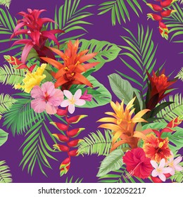 Beautiful seamless pattern with guzmania and hibiscus flowers on purple background. Vector set of blooming tropical floral for wedding invitations, greeting card and fashion design. 