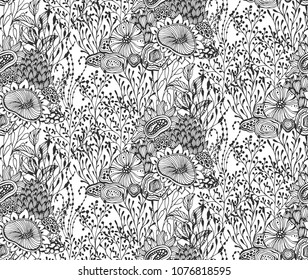 Beautiful seamless pattern with hand drawn floral fantasy nature motif, flowers, plants, branches. Black and white endless vector background.