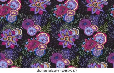 Beautiful seamless pattern with hand drawn floral fantasy nature motif, flowers, plants, branches. Colorful endless vector background