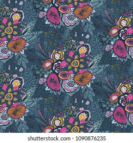 Beautiful seamless pattern with hand drawn floral fantasy nature motif, flowers, plants, branches. Colorful endless vector background.