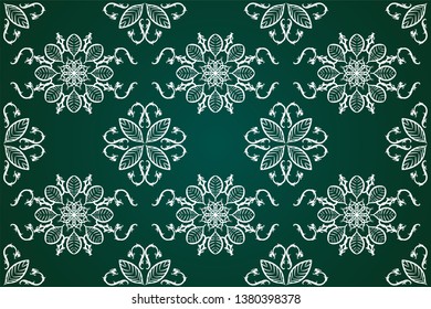Beautiful seamless pattern hand drawn traditional ornament decoration mixed with victorian style. Geometry each side for fashion fabric, knit, textile, batic. Green background.