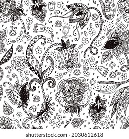 Beautiful seamless pattern with hand drawn artistic flowers with ornaments. Black and white vector illustration.