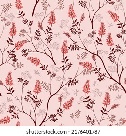 Beautiful seamless pattern with hand drawn red wild flowers on pastel background,vector illustration