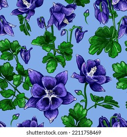 Hermoso patrón impecable con flores violetas de lujo dibujadas a mano y hojas verdes de Aquilegia en un fondo azul. Ilustración vectorial de С flor olumbina. Elementos florales para el diseño textil