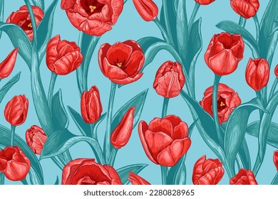 Schönes, nahtloses Muster mit handgezeichneten roten Tulip-Blumen auf blauem Hintergrund. Vektorgrafik von Frühlingstruppen. Blühende Blumen und Blätter. Blumenelemente für Stoffdesign