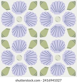 Beautiful seamless pattern with hand drawn Sea Shells and Pearls. Vector marine texture with symmetrical shells. Beautiful undersea background