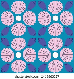 Beautiful seamless pattern with hand drawn Sea Shells and Pearls. Vector marine texture with symmetrical shells. Beautiful undersea background