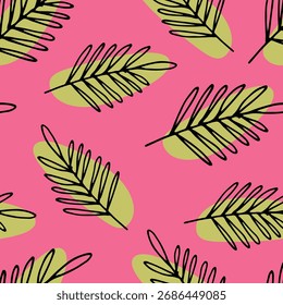 Beautiful seamless pattern with hand drawn tropical leaves on pink background Vibrant and elegant design perfect for summer themes fashion and botanical decor