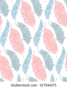 Beautiful seamless pattern with hand drawn stylized feathers in soft colors. Vector endless background