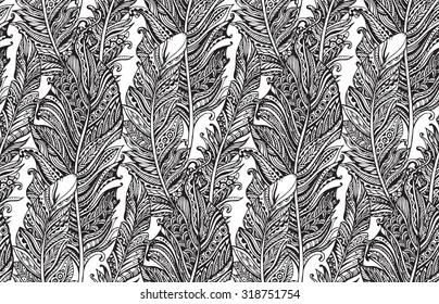 Beautiful seamless pattern with hand drawn stylized feathers in doodle style. Monochrome vector endless background