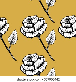 Beautiful seamless pattern with hand drawn roses isolated on gold. Vintage style tattoo vector art. Engraving romantic Victorian collection illustration. Print fabric design. Linear decoration.