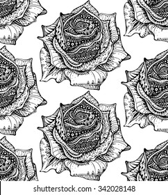 Beautiful seamless pattern with hand drawn ornate rose flowers in doodle style. Monochrome endless background