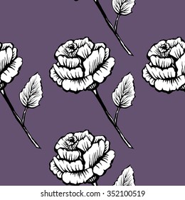Beautiful seamless pattern with hand drawn roses isolated on violet. Vintage style tattoo vector art. Engraving romantic Victorian collection illustration. Print fabric design. Linear decoration.