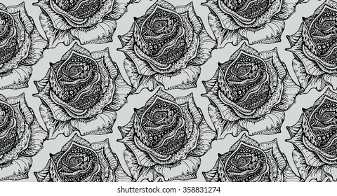 Beautiful seamless pattern with hand drawn ornate rose flowers in doodle style. Monochrome endless background.