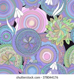 Beautiful seamless pattern with hand drawn doodle circle shapes and snowdrops. Fairy mysterious forest. Colorful spring background.