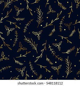 Beautiful Seamless pattern with hand drawn gold branches. Winter background. Luxury wallpaper. Nature wrapping paper.  