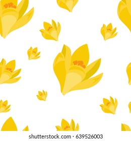 Beautiful seamless pattern with hand drawn decorative crocus flowers. Yellow flowers of different sizes. Vector