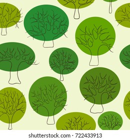 Beautiful seamless pattern of hand drawn doodle green trees, circle foliage. design background greeting cards and invitation to the wedding, birthday, mother s day and other seasonal autumn holidays