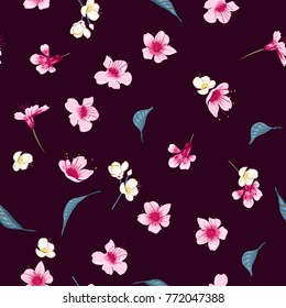 Beautiful Seamless pattern with hand drawn decorative cherry blossom flowers, design elements. Floral pattern for wedding invitations, greeting cards, print, gift wrap, manufacturing on dark purple 