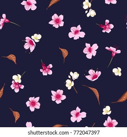 Beautiful Seamless pattern with hand drawn decorative cherry blossom flowers, design elements. Floral pattern for wedding invitations, greeting cards, print, gift wrap, manufacturing on navy blue back