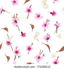 Beautiful Seamless pattern with hand drawn decorative cherry blossom flowers, Floral pattern for wedding invitations, greeting cards,  print, gift wrap, manufacturing on white background.