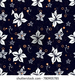 Beautiful seamless pattern with hand drawn decorative flowers. Black flowers of same sizes. Vector