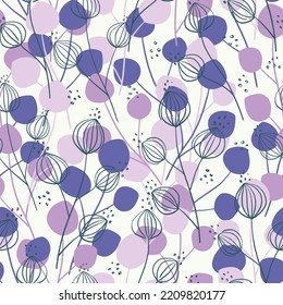 Beautiful seamless pattern with hand-drawn branches and leaves.  Abstract contemporary floral repeat background in purple colors. Natural fabric design. For textiles, wrapping paper, gift paper