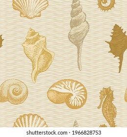 Beautiful seamless pattern with hand-drawn seashells, starfish and seahorse on a backdrop with beige wavy pattern. Vector background with pencil drawings of shells in retro style