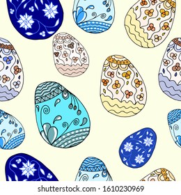 Beautiful seamless pattern. Happy Easter background. Easter egg with a cute pattern. Vector stock illustration drawn in doodle style. Perfect for invitations, greeting cards, print, flyers, posters.